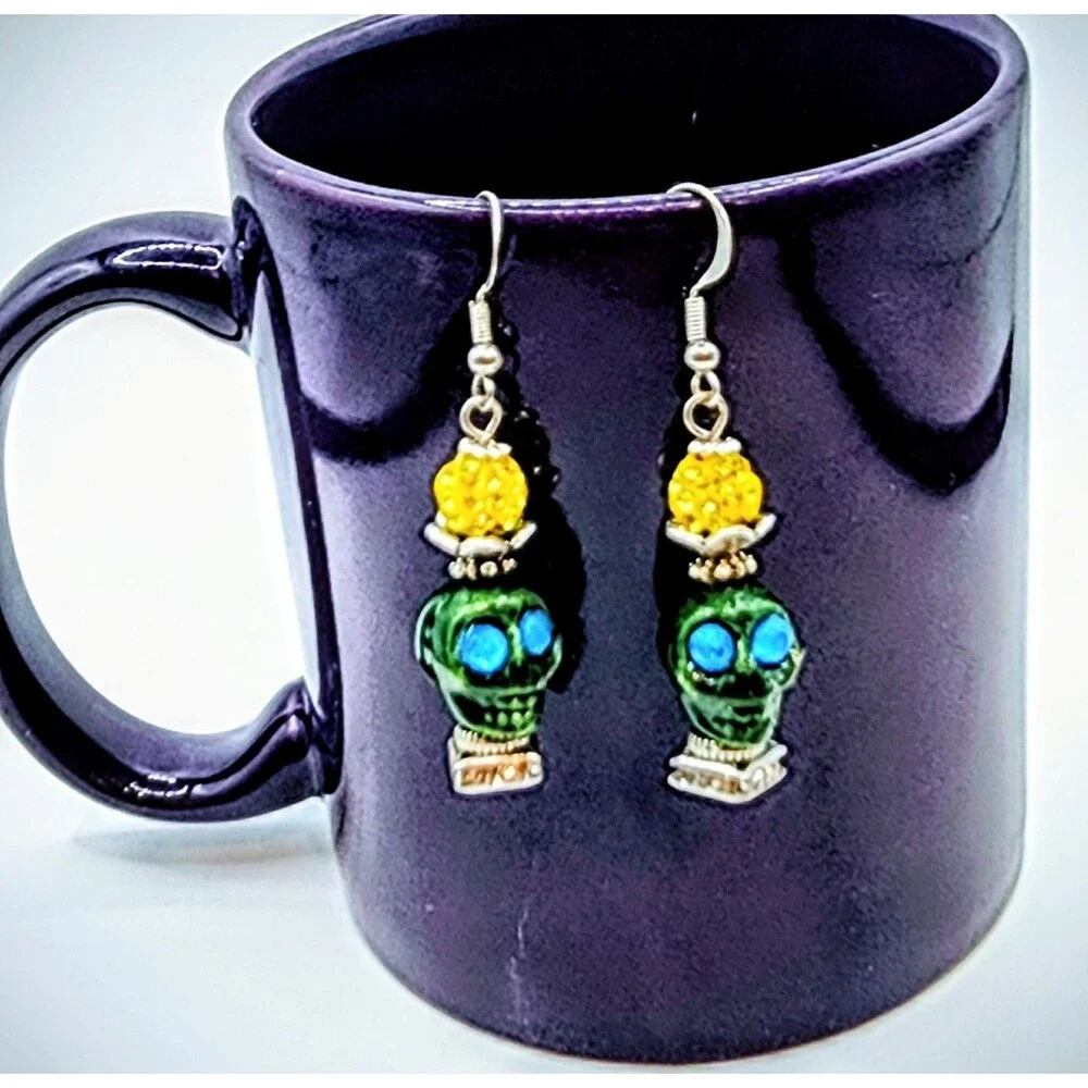 Dark green Skull Day of the Dead Dia de Muertos Dangle Earrings Halloween  Women